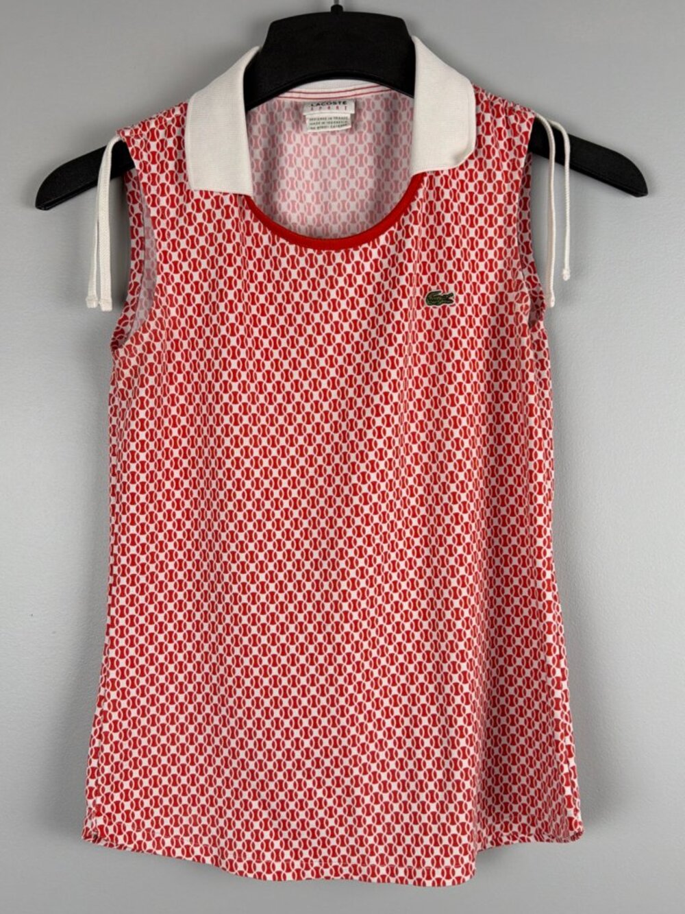 Lacoste Sport Top Women 34 Red White Tennis Ball Print Vintage Tennis Sleeveless